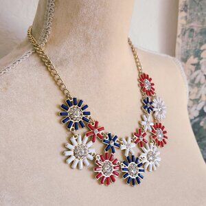Cargo Red, White & Blue Floral Rhinestone Crystal Bib Statement Necklace